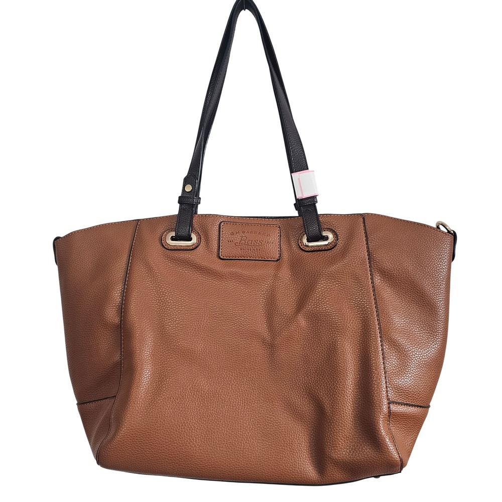 G.H. Bass & Co Womens Pebbled‎ Vegan Leather Tote Bag Brown Black GT Hardware